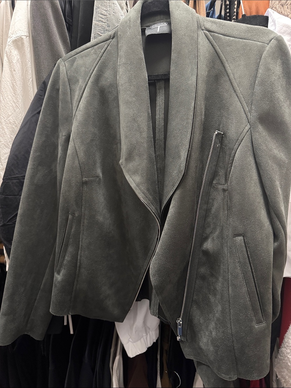 Tahari Olive Suede Zip Moto Jacket